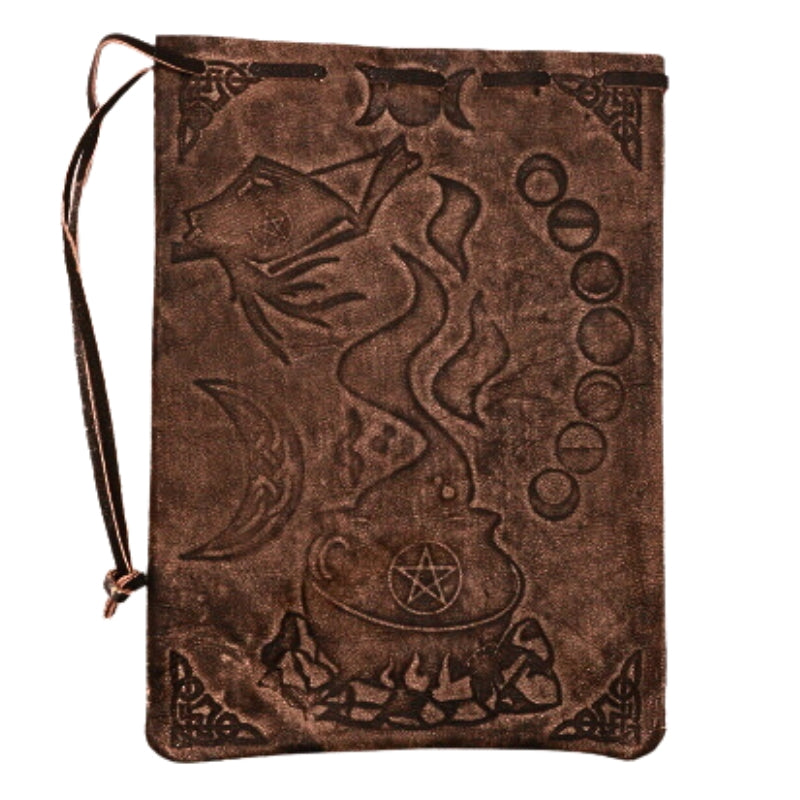 leather tarot bag with cauldron on front