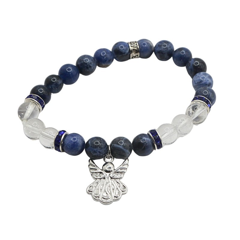 Beaded bracelet with blue and clear beads and an angel charm on a white background