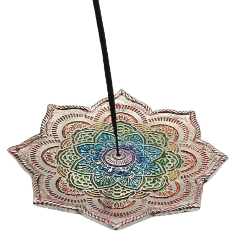 incense stick in a lotus shaped colourful aluminium incense burner