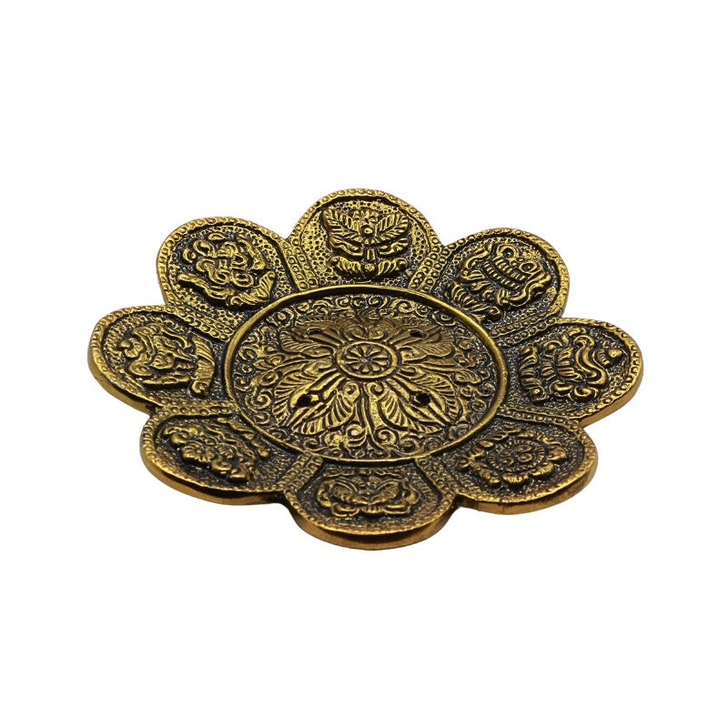 Gold coloured aluminium incense burner with 8 auspicious symbols
