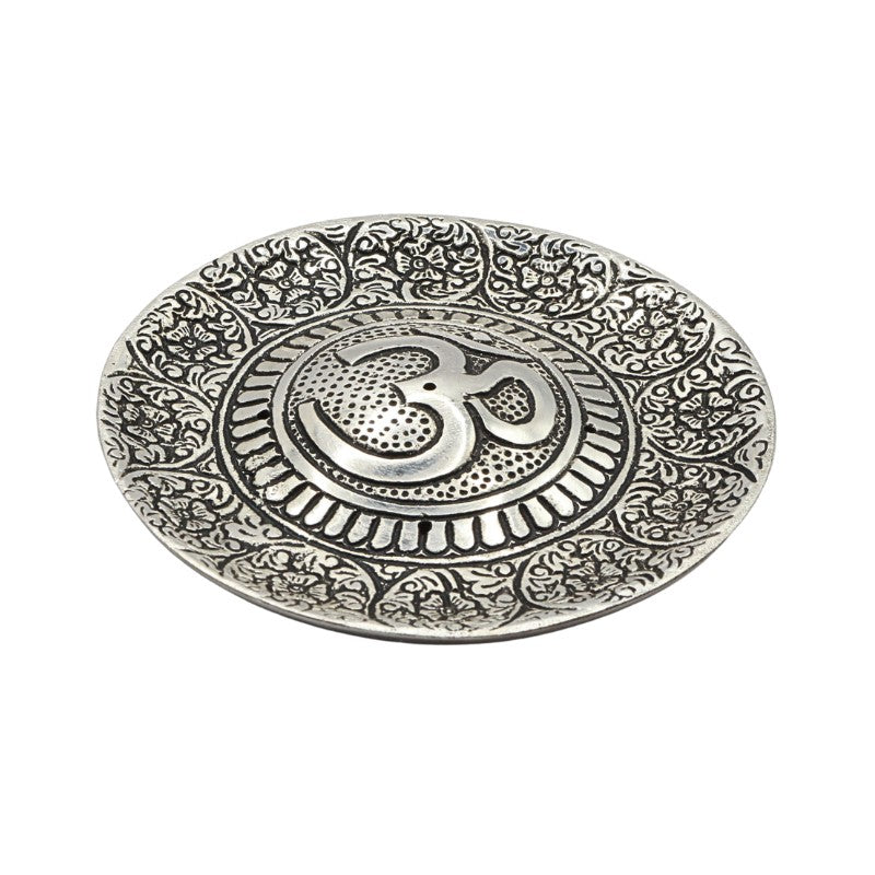 round aluminium incense burner with om symbol