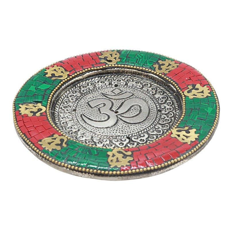 red, green and gold om incense plate