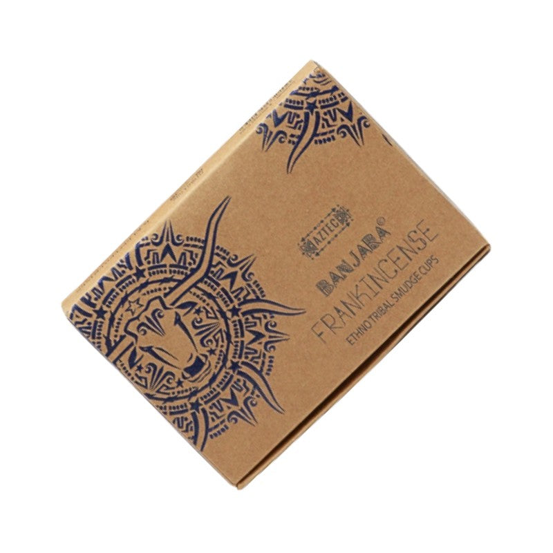 Brown cardboard box with blue decorative design and text on a white background