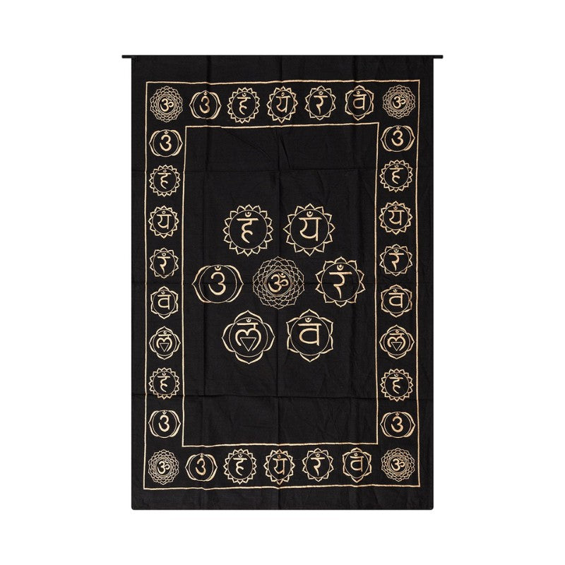 Black cloth with gold symbols and patterns on a white background