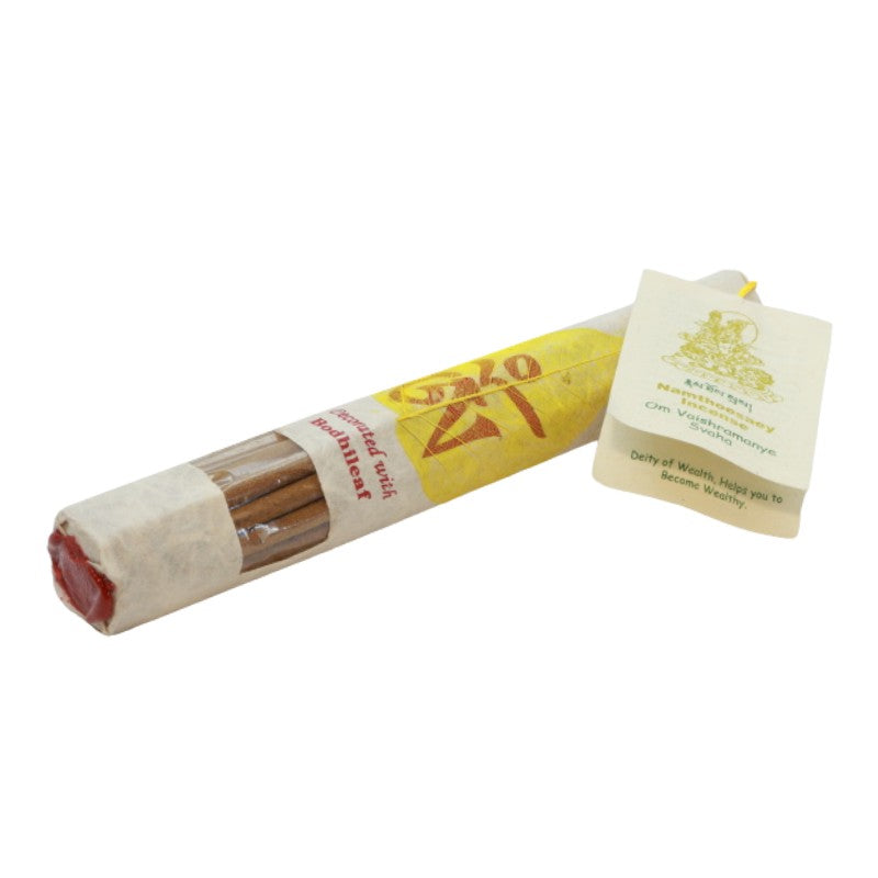 pack of handmade tibetan incense decorated with a coloured bodhi leaf