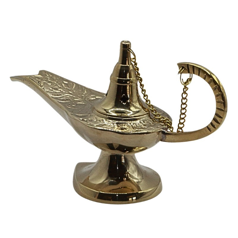 Gold genie lamp with chain on a white background