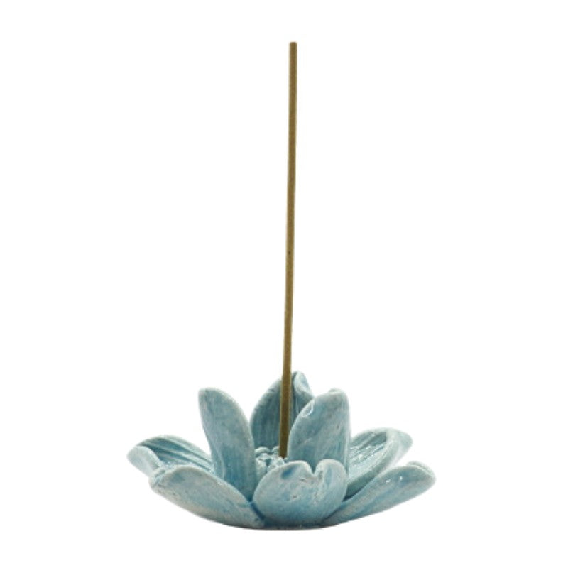 Japanese Incense in a blue ceramic Lotus Incense Stick Holder