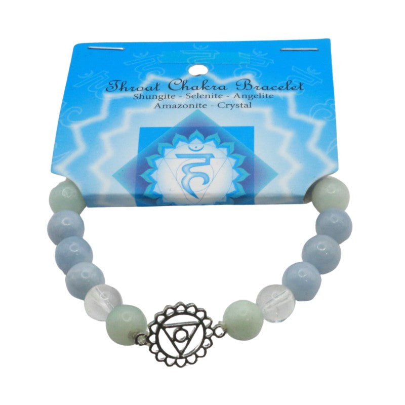 Bracelet with beads and a central symbol on a blue card with white designs