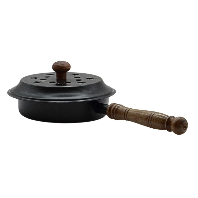 iron charcoal incense burner with lid and wooden handle