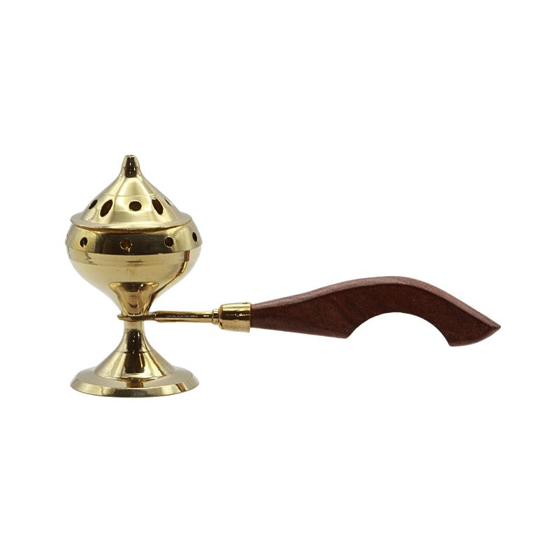 Brass charcoal incense burner with lid and wooden handle