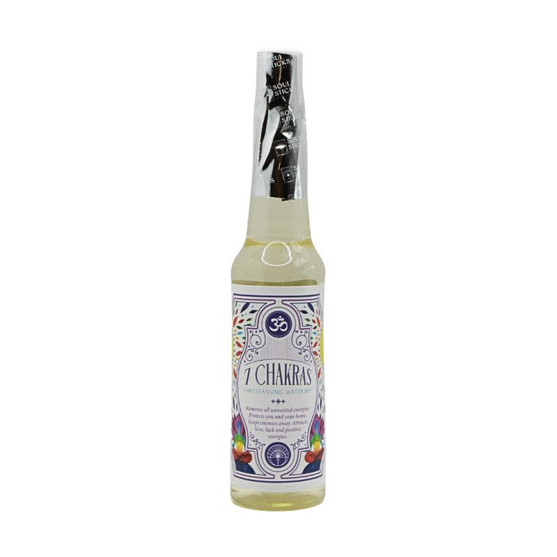 Bottle of 7 Chakras cleansing water on a white background