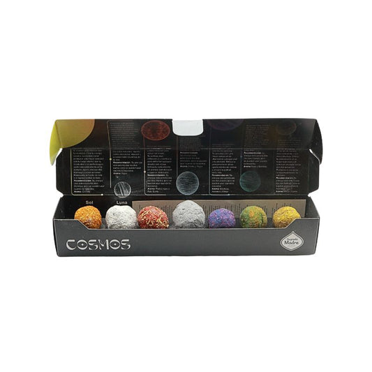 Box of colorful smudge bombs with 'Cosmos' branding on a white background