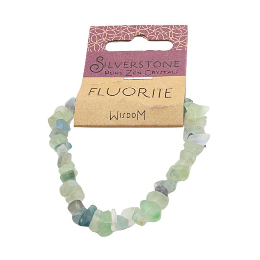 Fluorite bracelet on a 'Silverstone Pure Zen Crystals' card with 'Wisdom' text on a white background