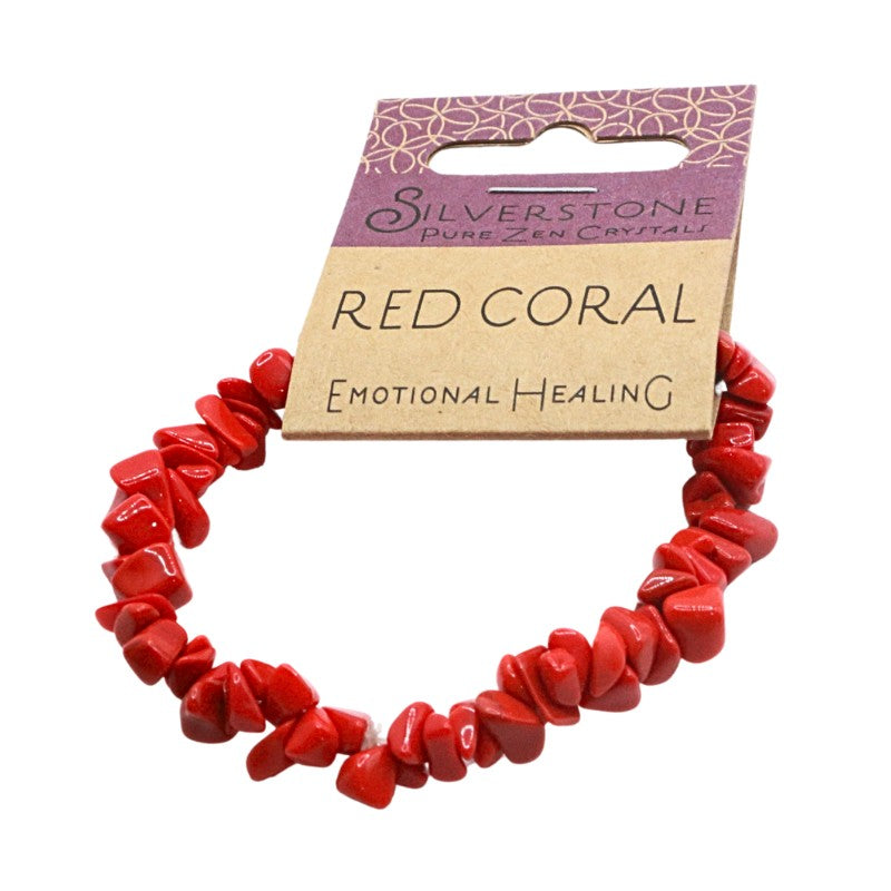 Red coral bracelet on a white background with 'Silverstone' packaging.