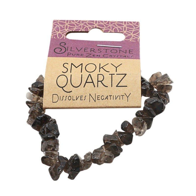Smoky quartz crystal bracelet on a branded card with 'Silverstone Pure Zen Crystals' packaging.