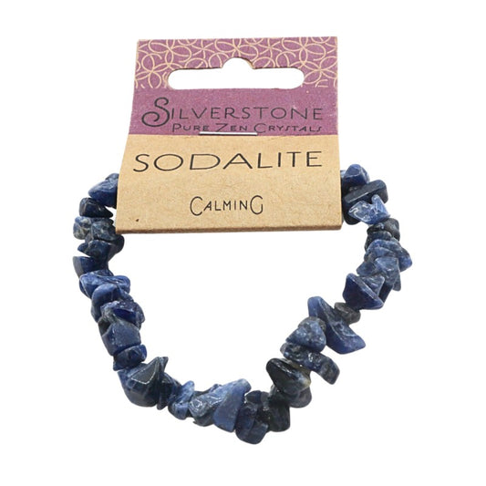 Sodalite crystal bracelet on a 'Silverstone Pure Zen Crystals' packaging with a white background