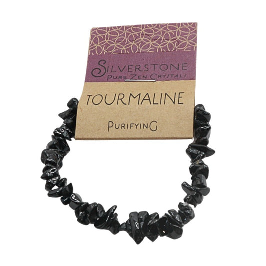 Black tourmaline bracelet with a Silverstone Pure Zen Crystals packaging on a white background