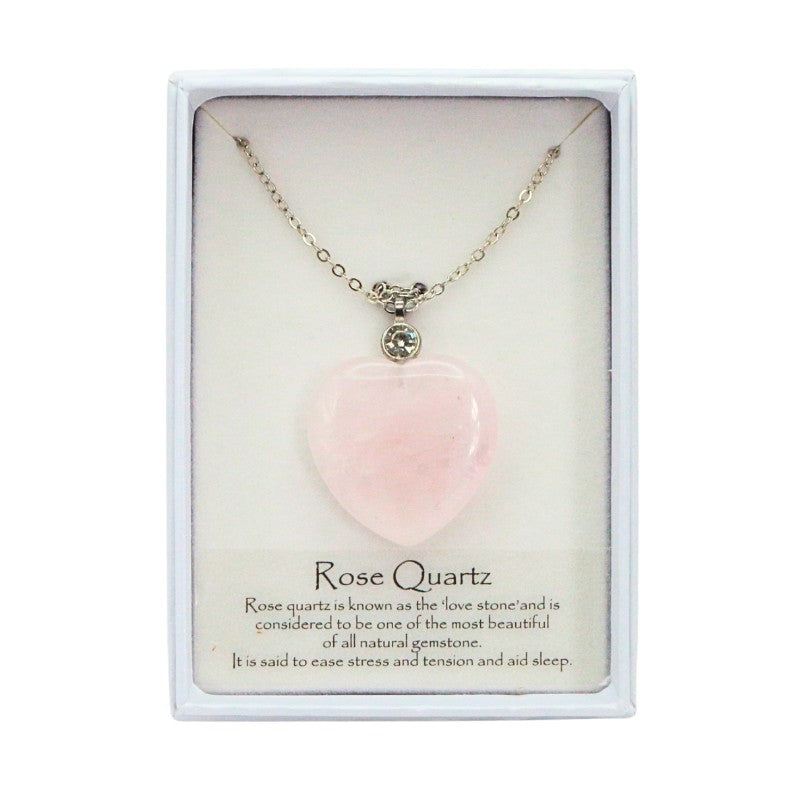 pink heart shaped rose quartz crystal necklace in white box
