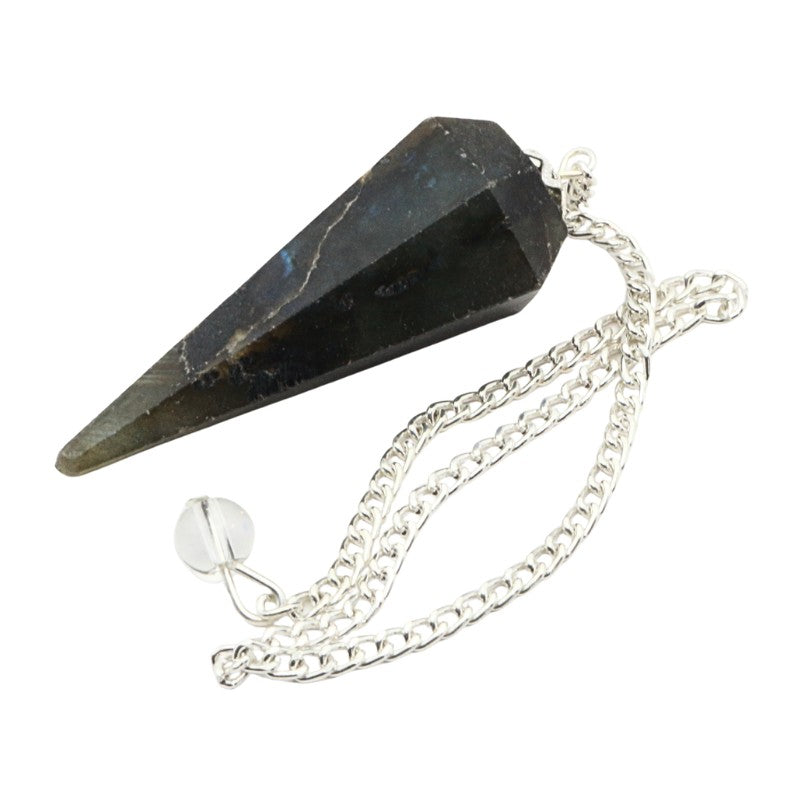 Labradorite pendulum with a silver chain on a white background