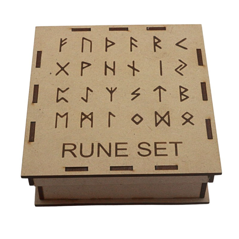 Wooden box with engraved runes and 'Rune Set' text on a white background