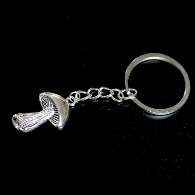 silver coloured key ring with a mushroom joined to a silver ring by a silver chain on a black background