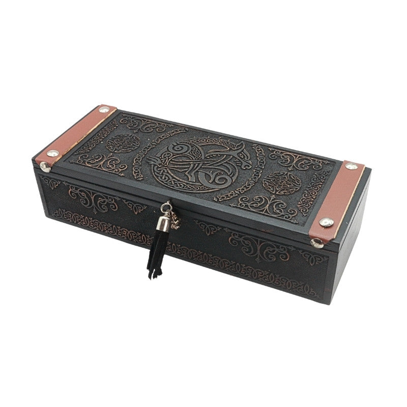 wooden storage box with dragon engraved on it