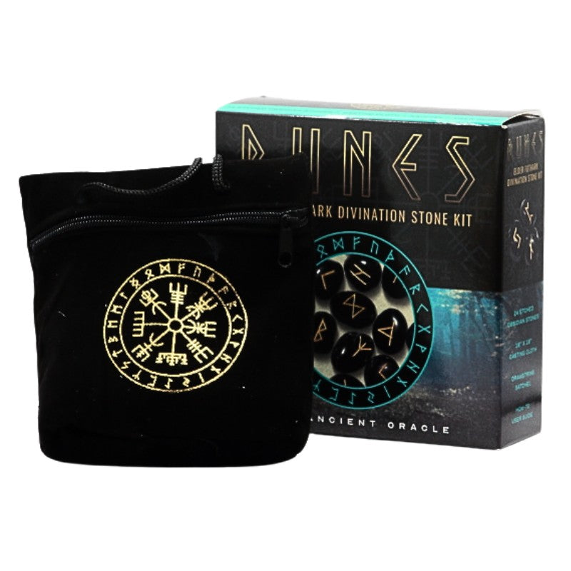 Black velvet bag with gold vegvisir on front with a box of divination stones (runes)