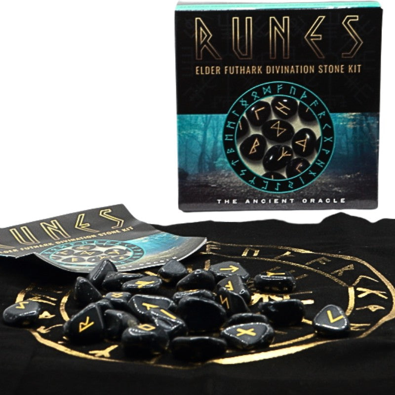 Black velvet bag rune cloth with gold vegvisir on front with black obsidian runes and box