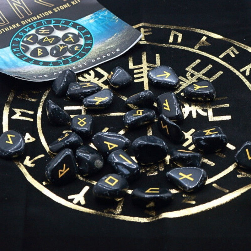 Black velvet bag rune cloth with gold vegvisir on front with black obsidian runes