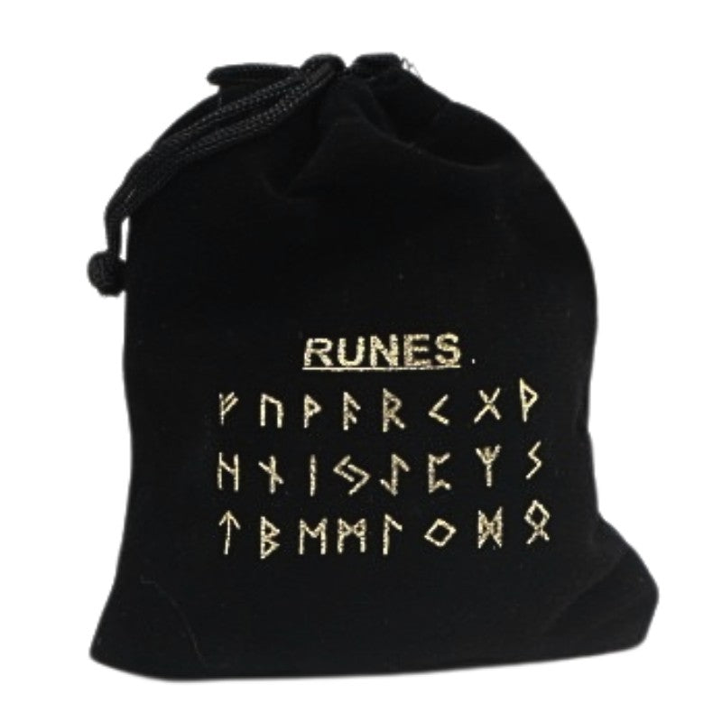 Black velvet bag with gold runic alphabet on front