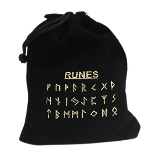 Black velvet bag with gold runic alphabet on front