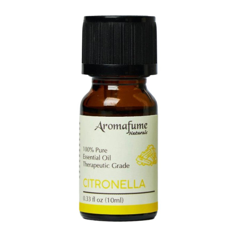 A 10 ml bottle of Aromafume Naturals Citronella essential oil. The amber glass bottle has a black ribbed cap and a cream-colored label with yellow and black text.