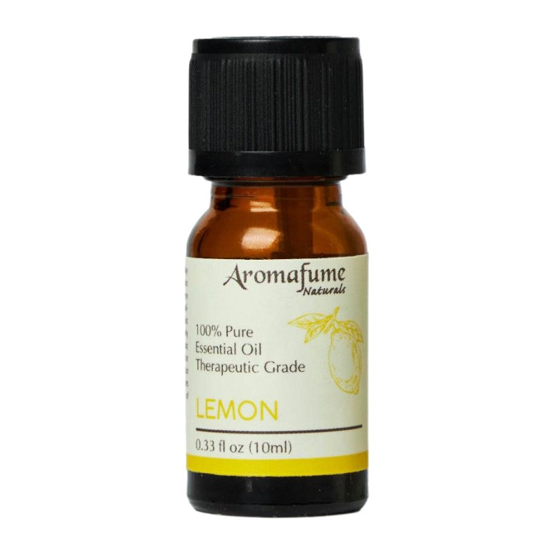 Aromafume Naturals Lemon essential oil in a 10ml amber glass bottle with a black cap and cream label.