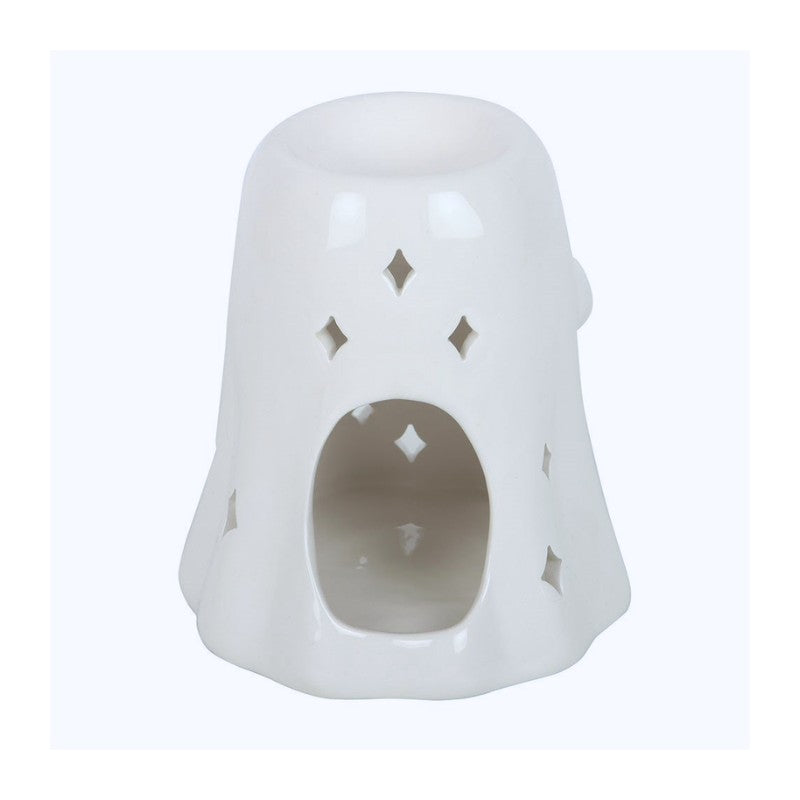 White ceramic lantern with cut-out patterns on a white background