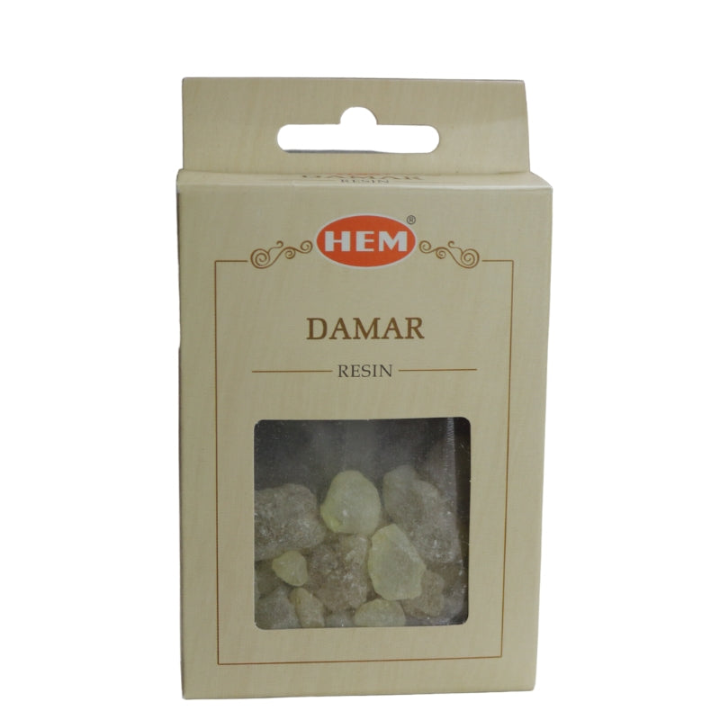beige box of HEM damar resin on white background