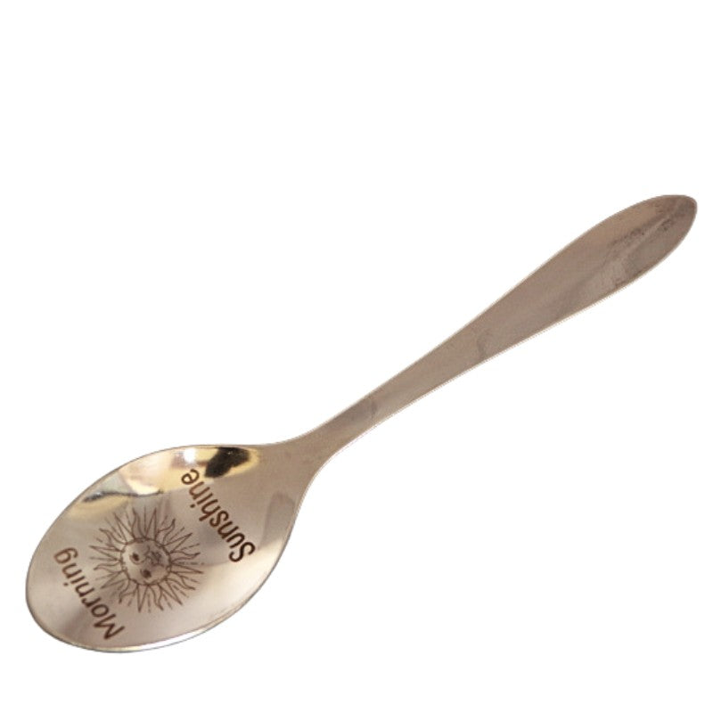 stainless steel teaspoon with "Morning Sunshine" and a sun engraved in the dish