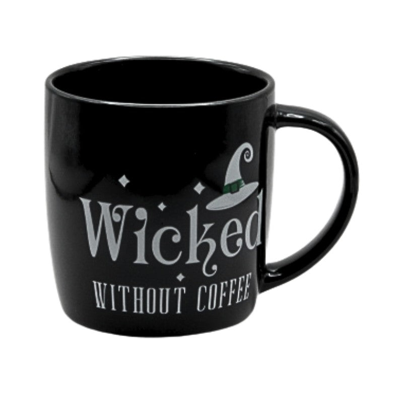 Black mug with 'Wicked Without Coffee' text and witch hat design on a white background