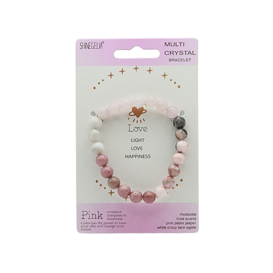 Multicolored crystal bracelet on packaging with pink and white beads.