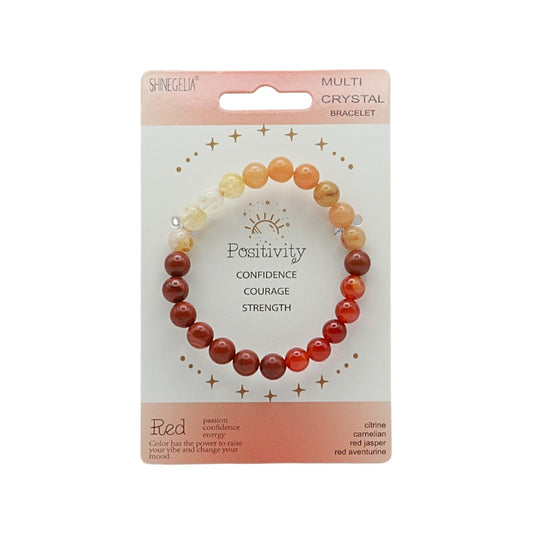 Packaged bracelet with multicolored beads on a white background