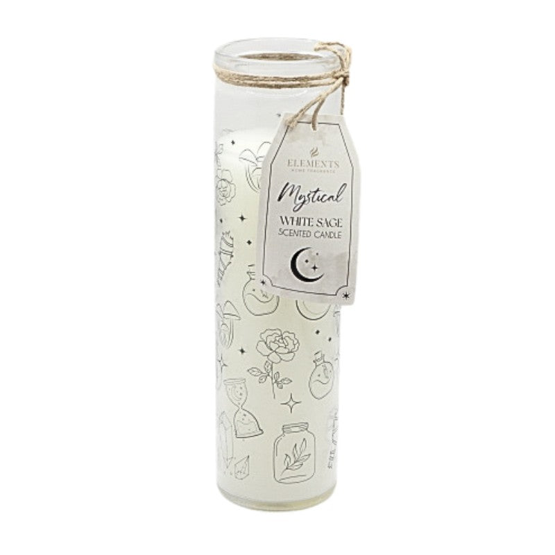 mystical print, white sage scented candle in glass