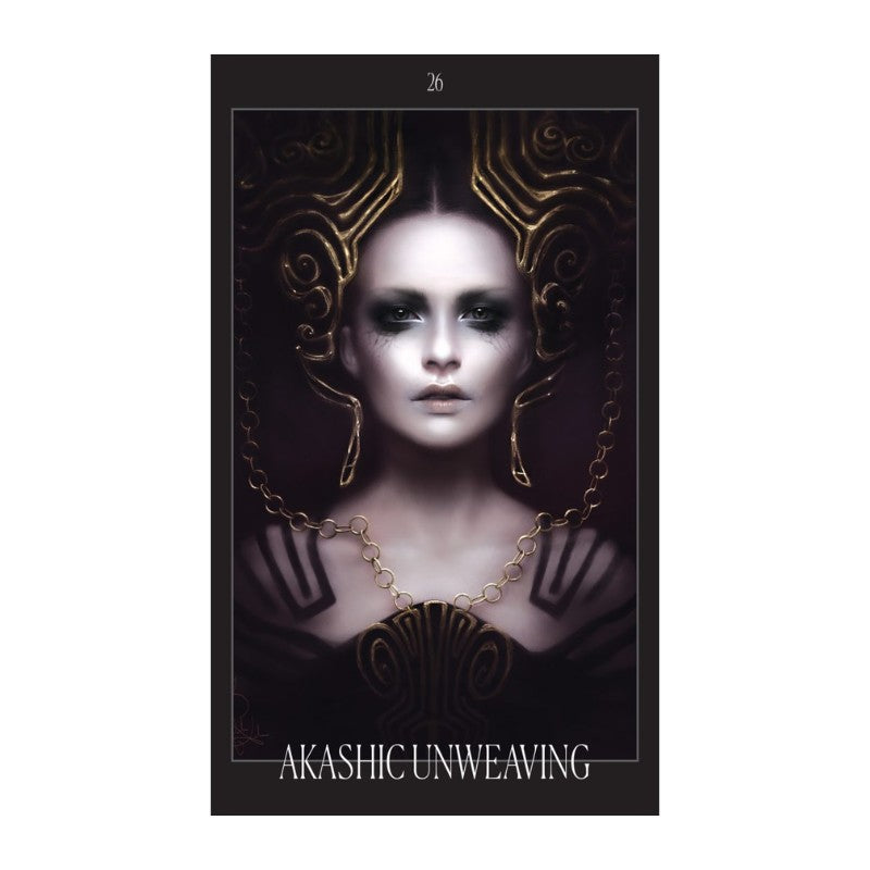 oracle card of a woman with dark hair and gold headpiece, wearing a necklace, with 'Akashic Unweaving' text.