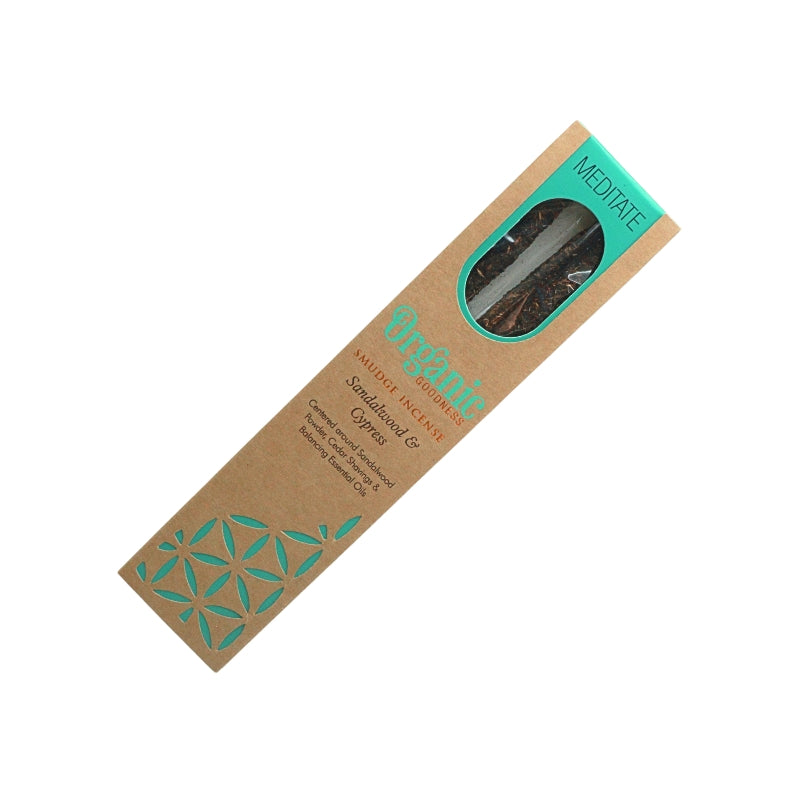 Organic Goodness Meditate Sandalwood & Cypress smudge incense in a brown box with blue detailing and a window showing the sticks.