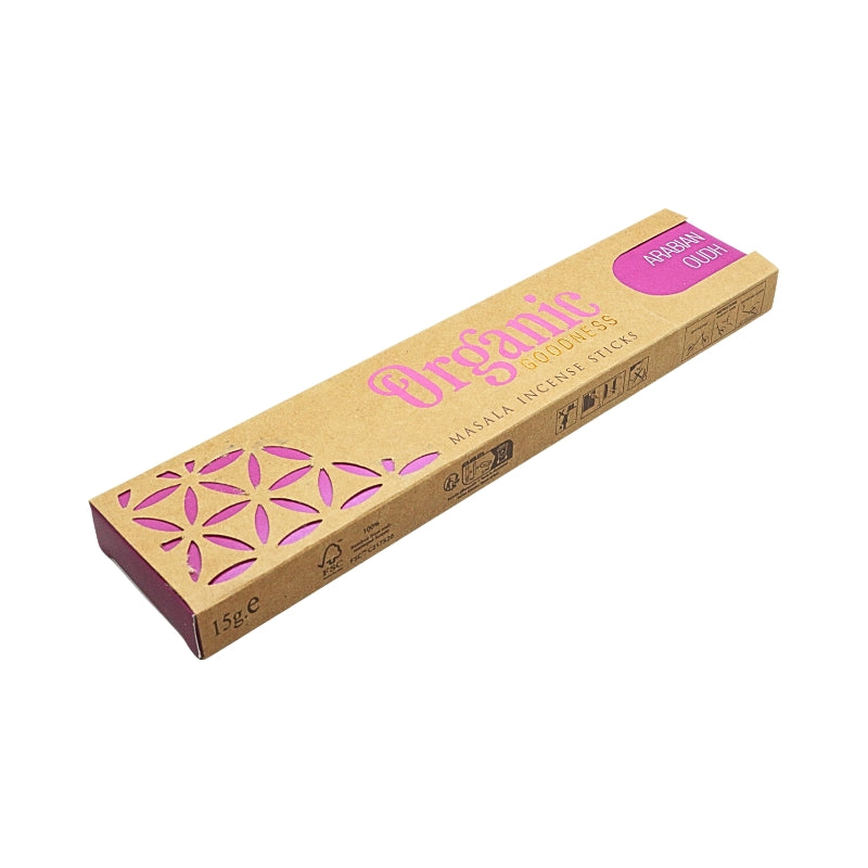 A single incense box labelled 'Organic Goodness' with a pink tip, in a cardboard box with 'Arabian Oudh' printed on it.