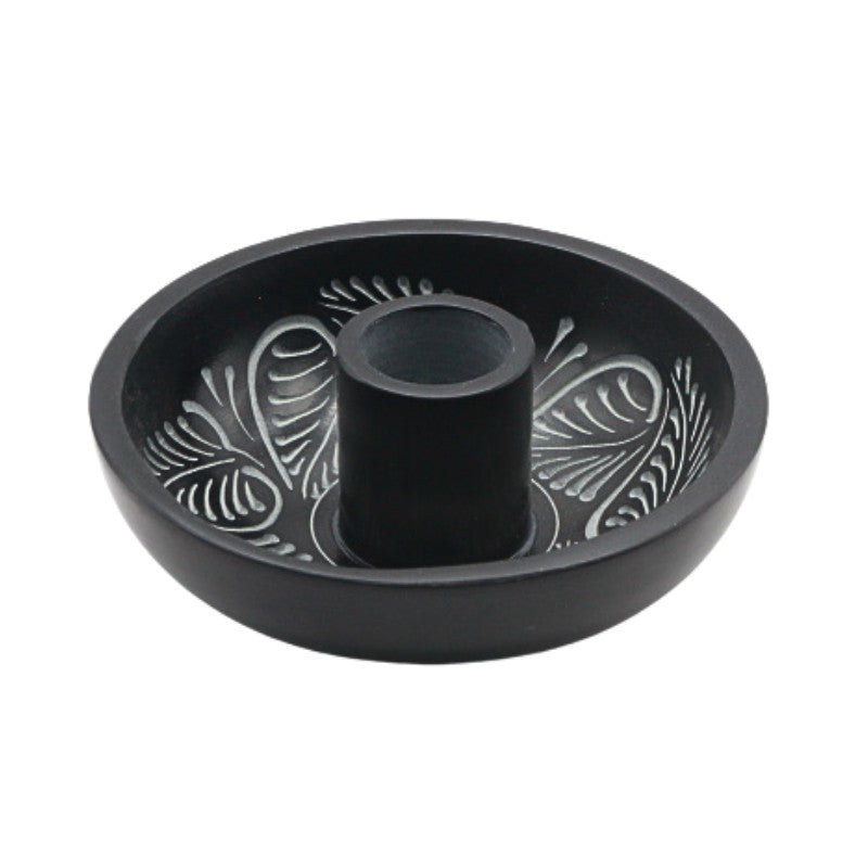 Black decorative candle holder/ palo santo holder with intricate patterns on a white background