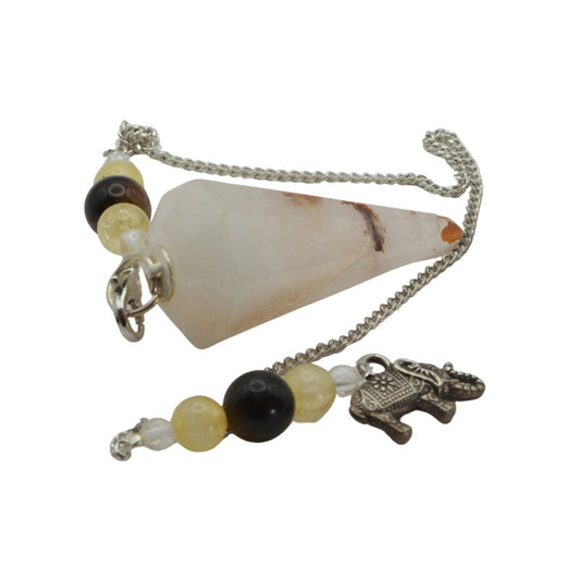 pendulum with crystal pendant, beads, and metal clasp on a white background