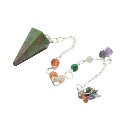 Multicolored beaded chain with a green stone on a white background