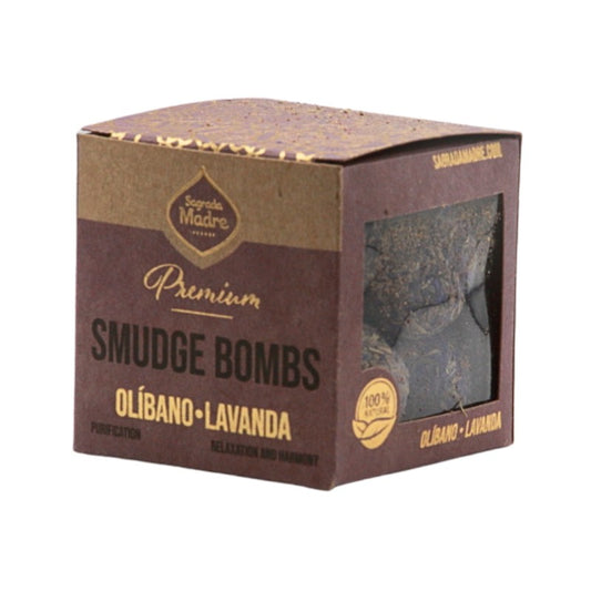 Box of Premium Smudge Bombs with Olábano and Lavanda scents on a white background