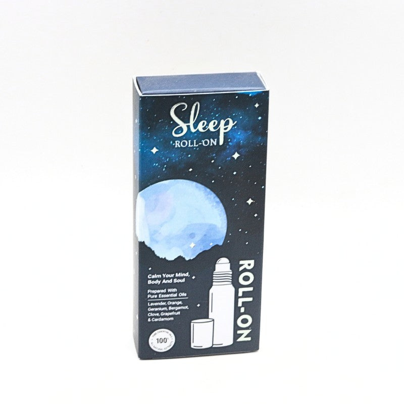 Sleep roll-on packaging with a blue moon design on a white background