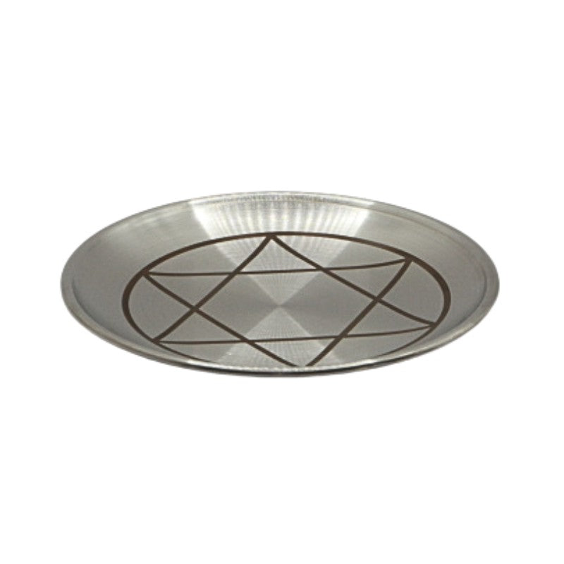 Silver tray with a solomon's seal star design on a white background
