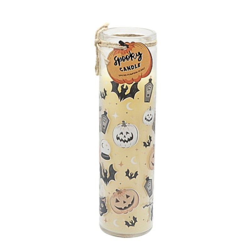 cat and mushroom Halloween print scented candle in glass tube